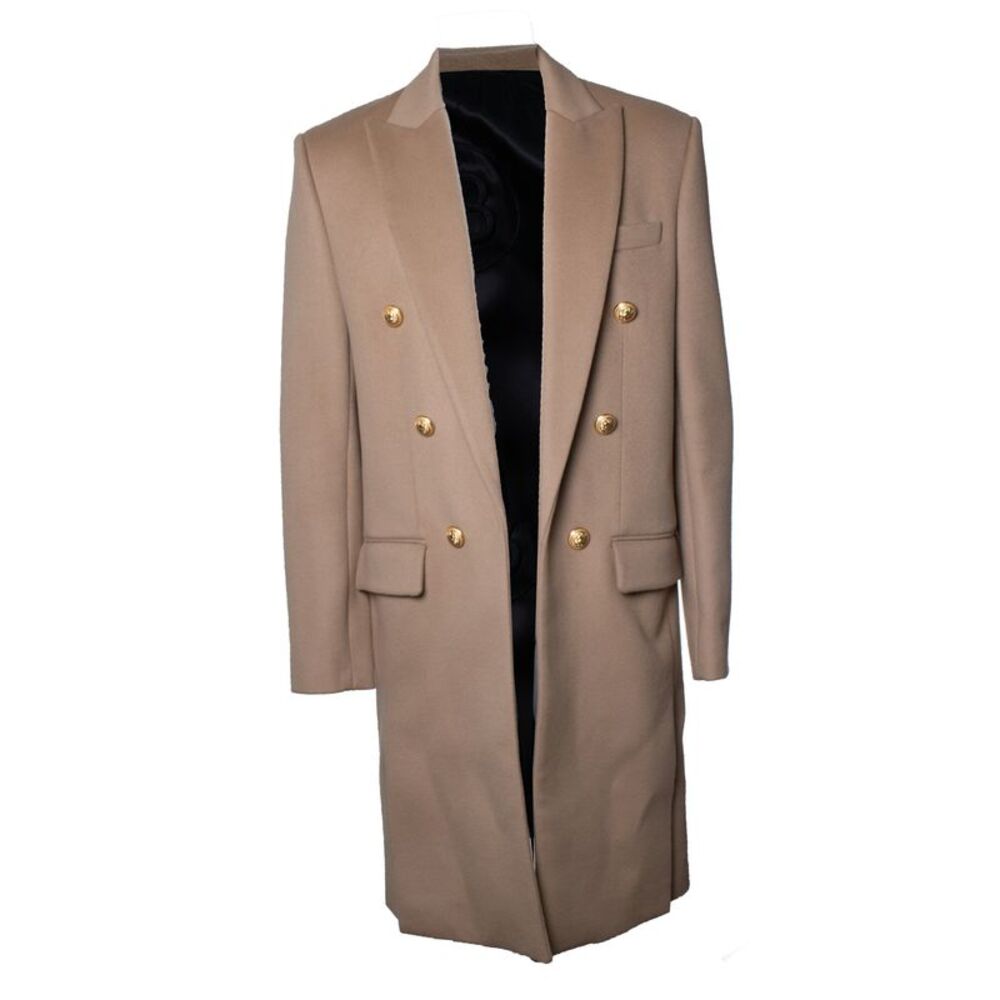 Balmain, beige wool overcoat with gold buttons